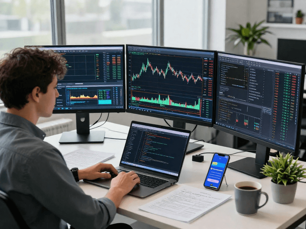 Analyst using TradingView on multiple monitors in a modern office, showcasing market data and analysis tools.