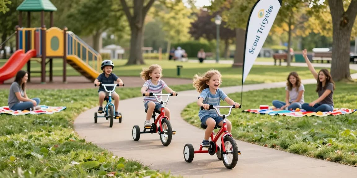 Kids enjoying the best kids tricycles while riding through a sunny park filled with laughter and excitement.