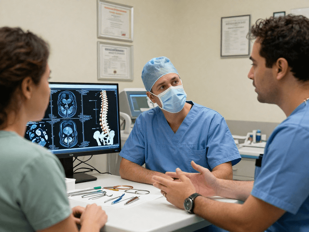 Patient consultation about dar kanal ameliyatı in a professional medical setting with detailed diagrams and tools.