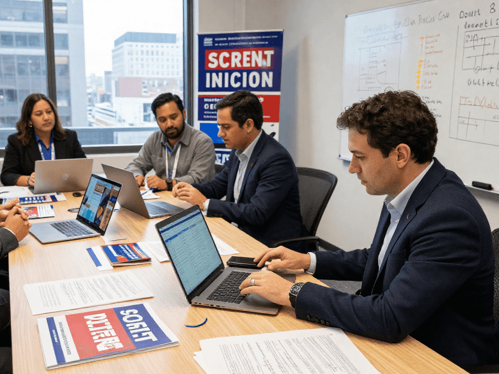 Engaging political strategist analyzing meta ads for political campaigns and voter data in a modern office.