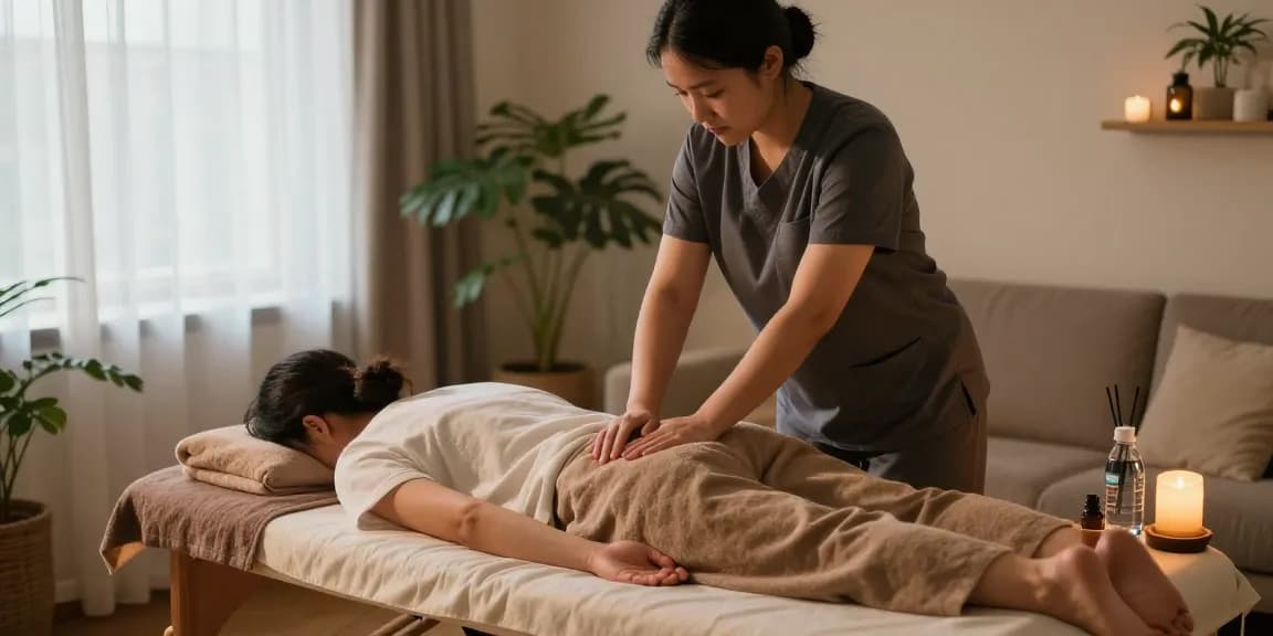 하남출장마사지 session in a cozy home environment with a therapist providing calming Swedish massage.