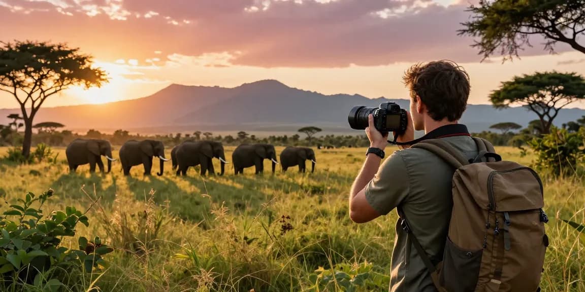 NAGA2000 traveler witnessing elephants at Kidepo Valley National Park during sunset, capturing stunning wildlife moments.
