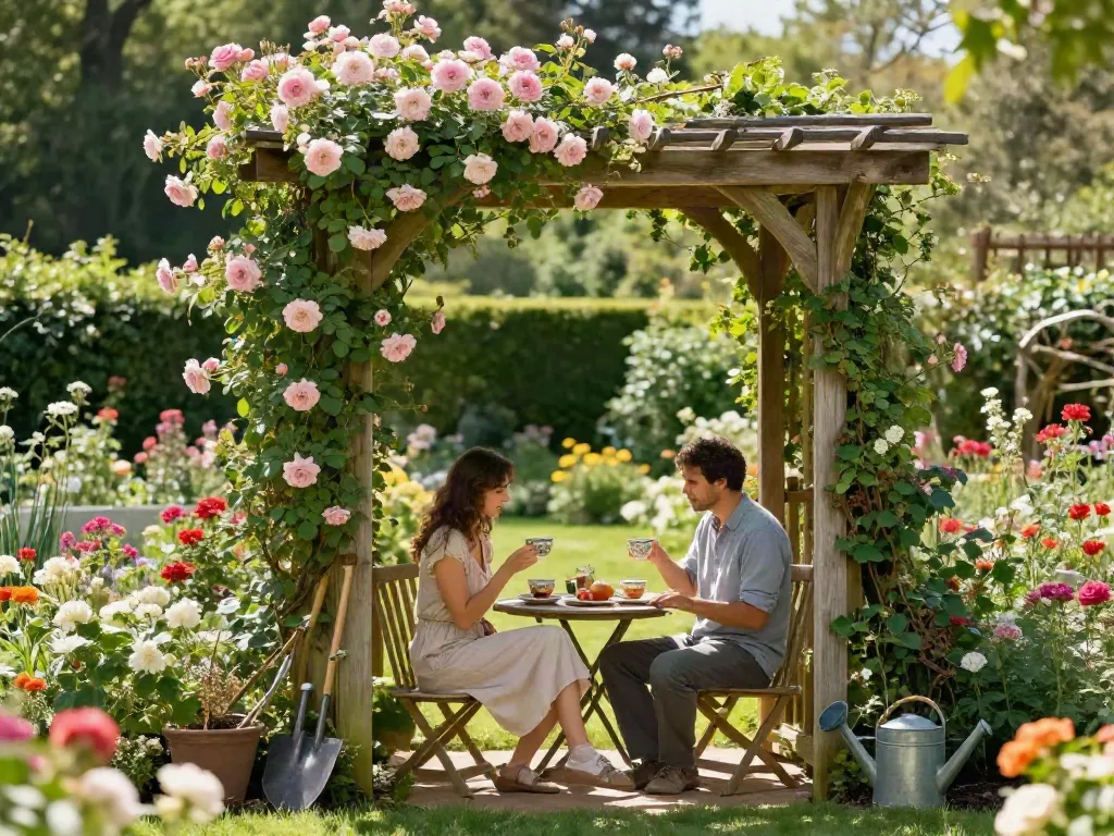 Quality wooden arbours enhancing a serene garden retreat with roses and ivy.
