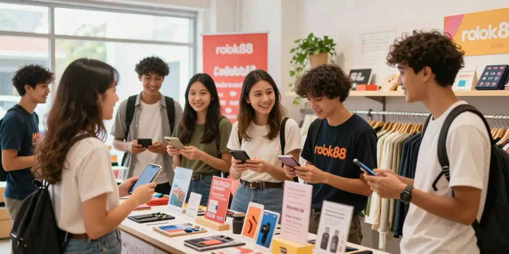 Young adults enjoying rokok88 merchandise in a bright store, showcasing positive energy.