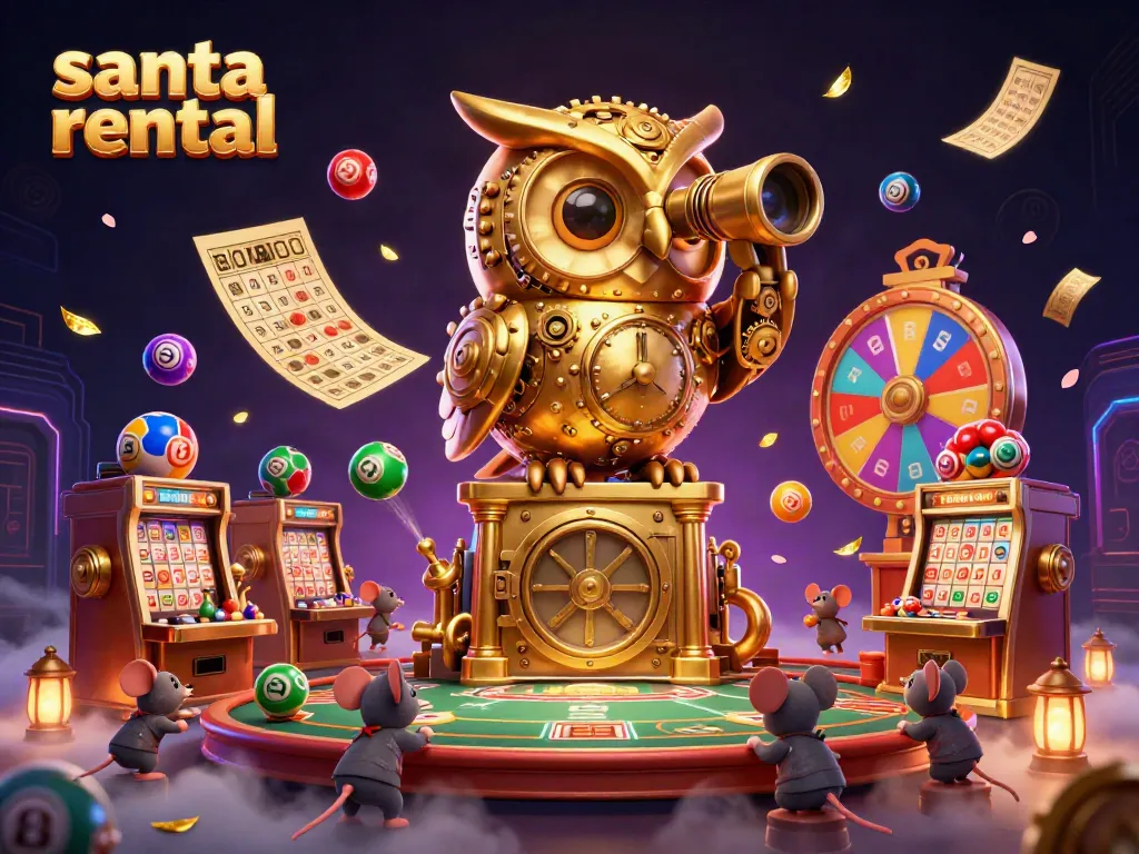 Experience festive excitement with a dynamic santa rental scene featuring vibrant casino elements.