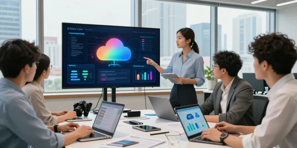 Dynamic team collaborating on azure cloud management services in a modern office.