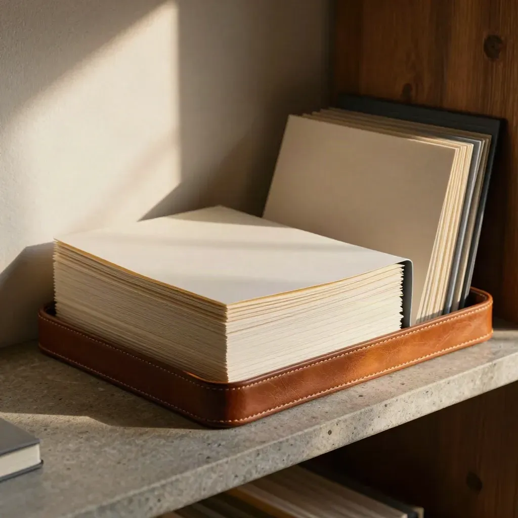 Tidy résumé folios and a leather tray on a stone shelf in warm window light