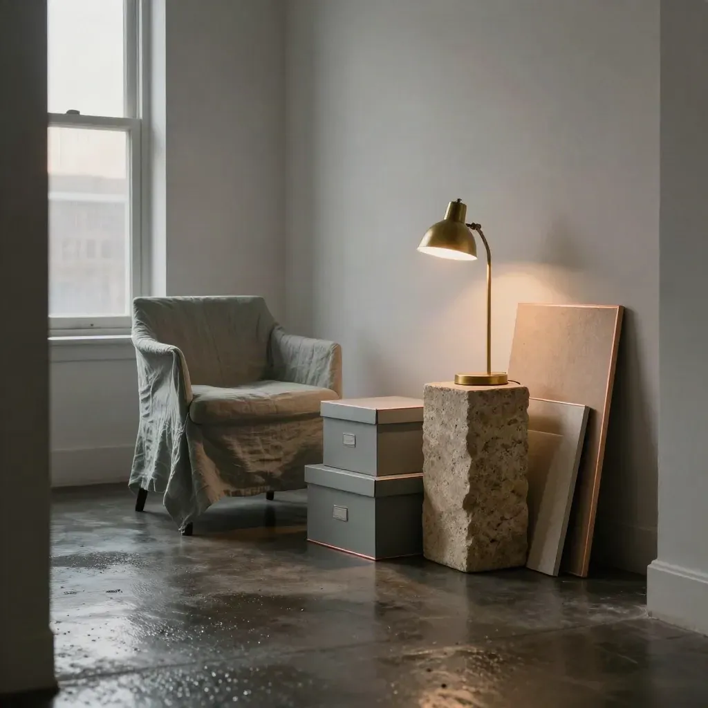 Dallas loft studio corner with chair, archive boxes, brass lamp and boards in dawn haze.