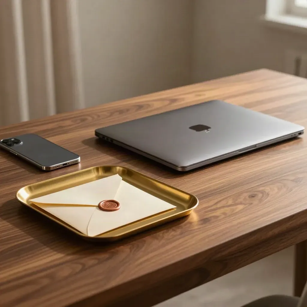 Walnut desk with closed laptop, face-down phone, brass tray and sealed envelope in soft window light