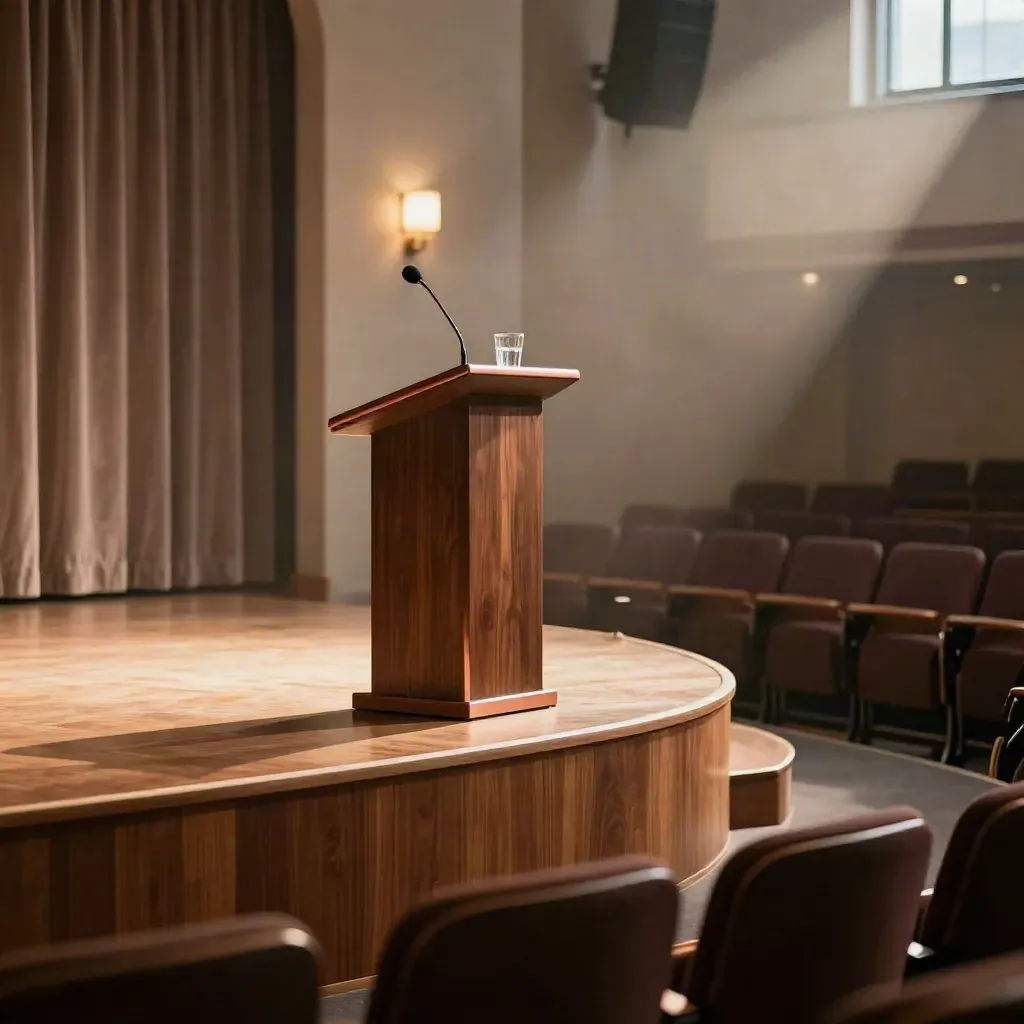 Empty lecture room stage with lectern, microphone stand, and water glass in warm spotlight.