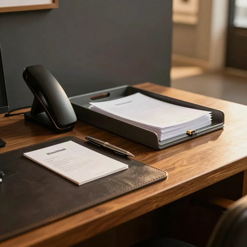 Quiet inquiry desk with phone cradle, inbox tray, pen, and face-down card in moody light.