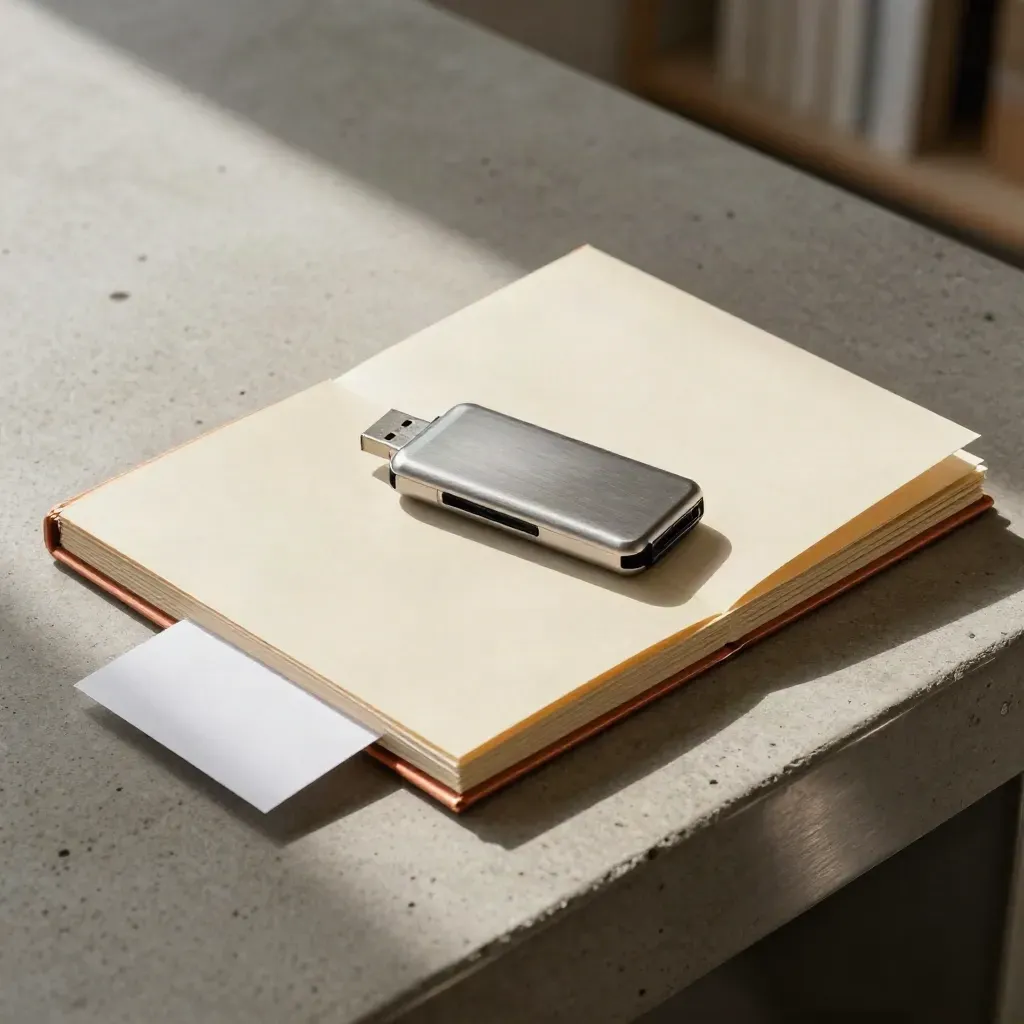 Top-down press kit bundle with USB drive, face-down card, and mailer on a concrete surface.
