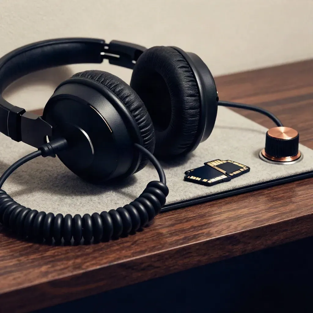 Macro still life of headphones, audio cable, memory cards, and an audio interface knob on walnut