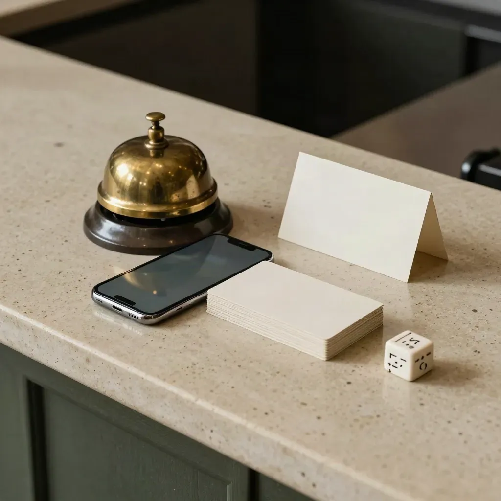 Brass bell, phone, blank cards, and calendar cube on travertine
