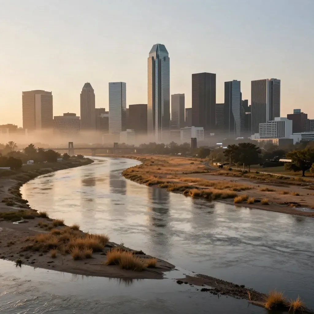 Dallas skyline and Reunion Tower above the Trinity River at sunrise in soft haze.