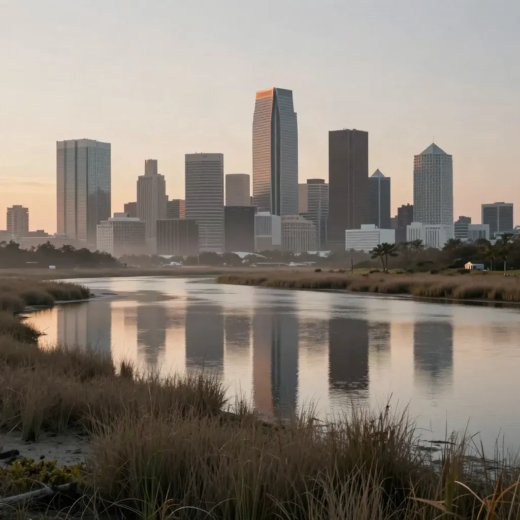 Houston skyline above a hazy bayou at sunset with marsh grass and calm reflections.