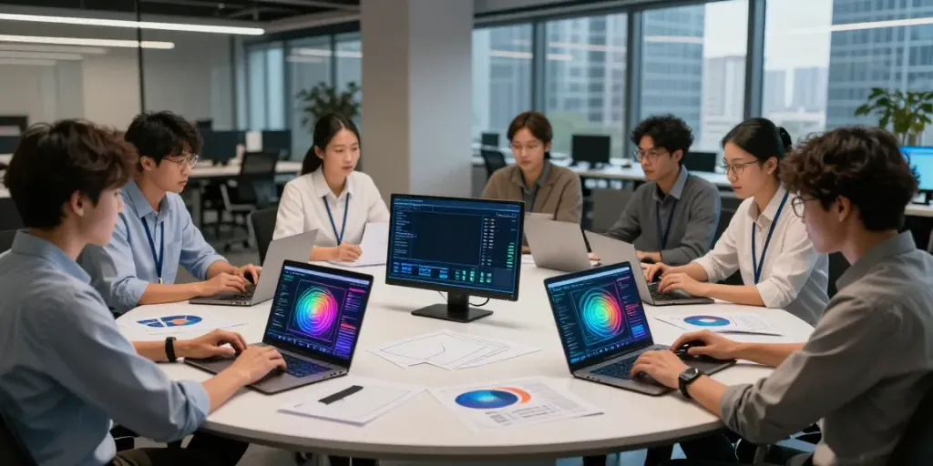 Enterprise AI team collaborating on innovative model development in a modern workspace.