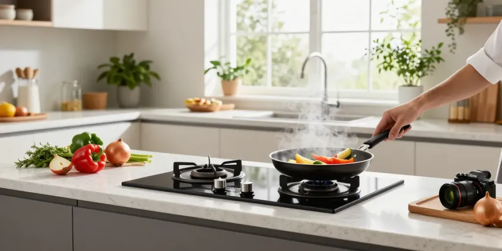 Chef cooking on a Ciarra ONE extractor hob in a modern kitchen, highlighting the efficient steam extraction and sleek design.