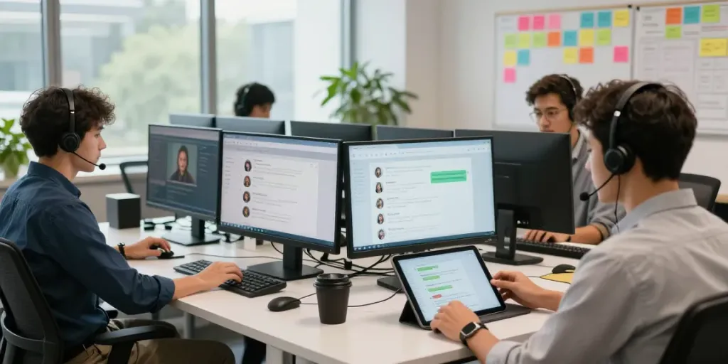 Customer service chatbot in action with a diverse team collaborating at modern support center.