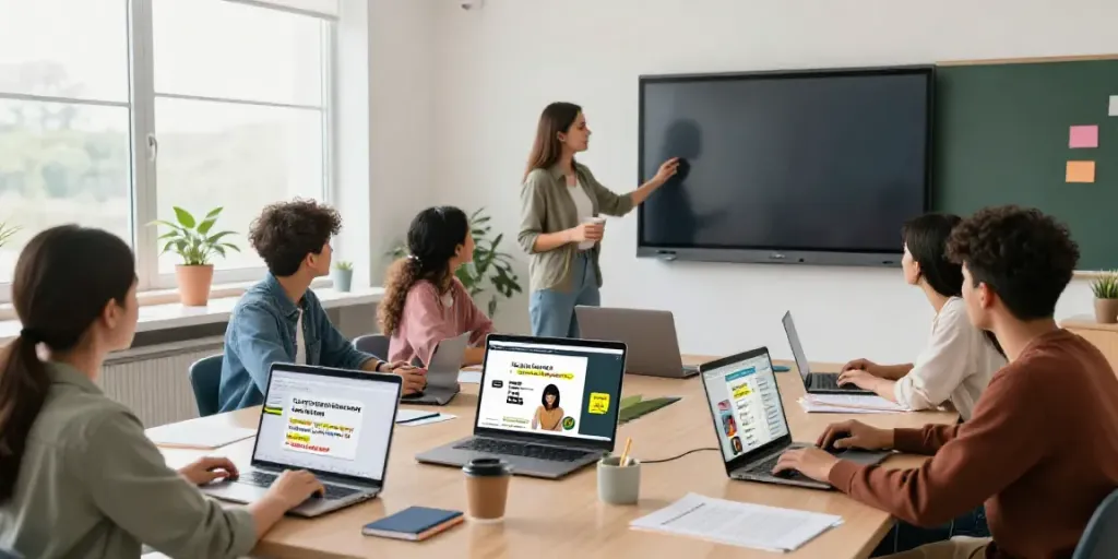 Diverse students learning English online through interactive courses on Situs togel.