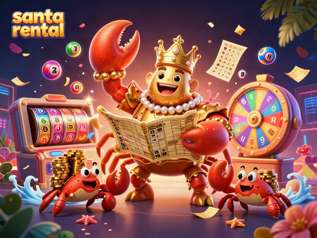 Experience the magic of santa rental in a vibrant 3D casino scene with golden characters, lotto balls, and spinning slots.